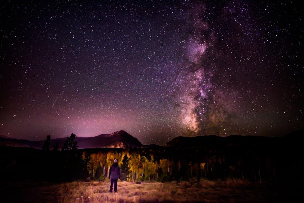 Free Image of Person stargazing under a vivid starry night sky scene. 