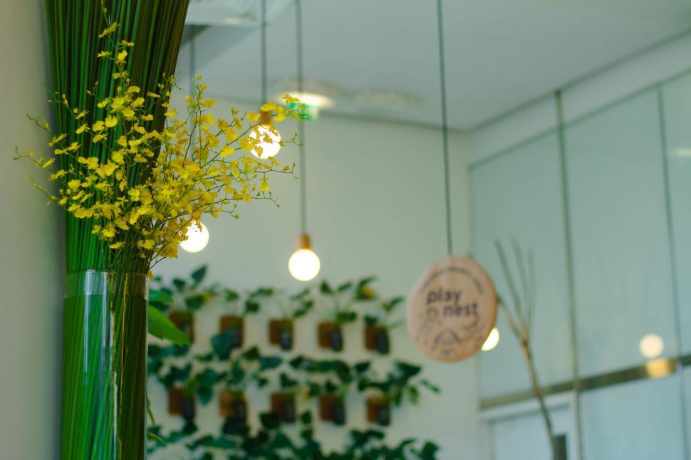 Free Image of Yellow flowers in a vase in modern interior setting 