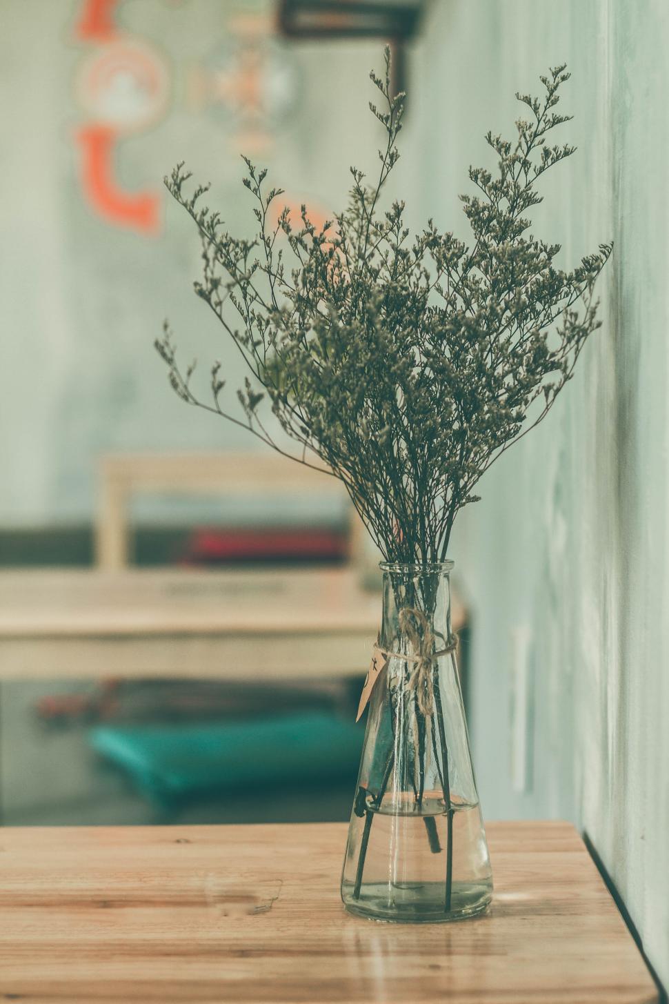 Free Image of Glass vase with dried flowers on wooden table surface 