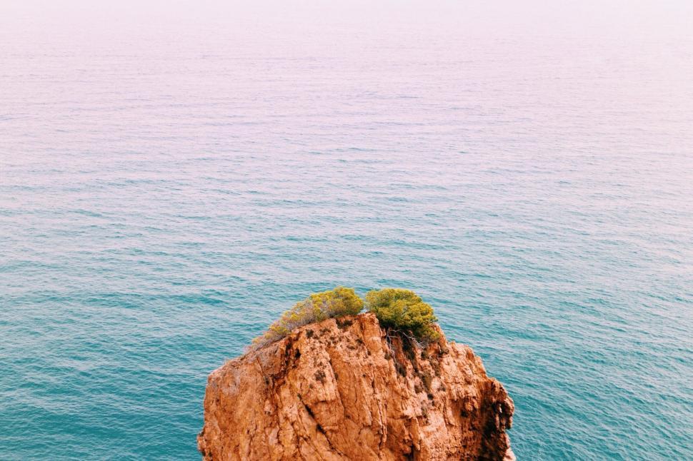 Free Image of Rock formation with greenery against calm ocean backdrop 