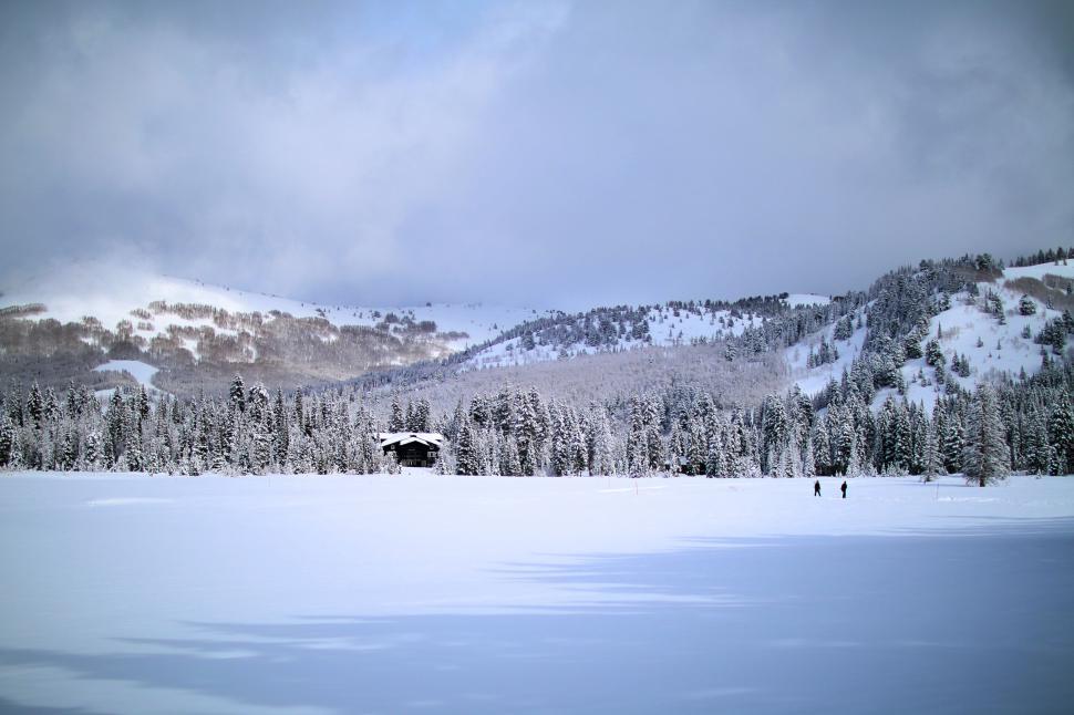 Free Image of Distant view of snowy hilly terrain with cabin 
