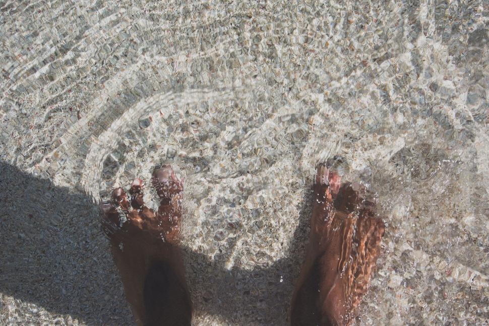 Free Image of Feet dipped in clear shallow water with ripples 