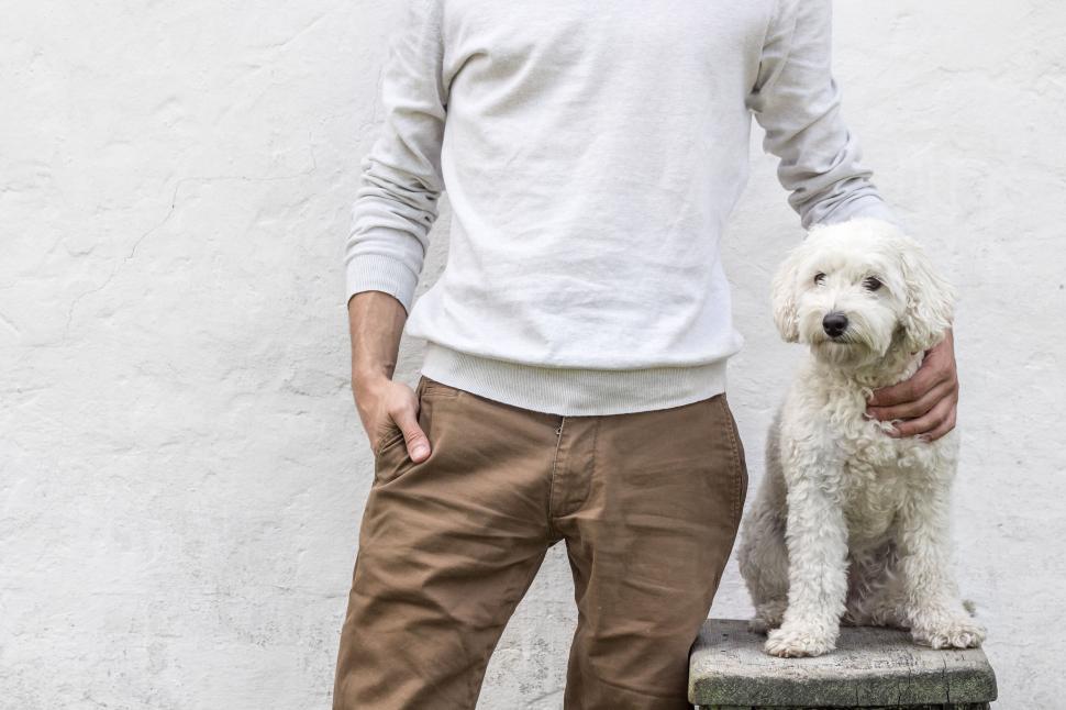 Free Image of Person with a dog against a white wall background. 