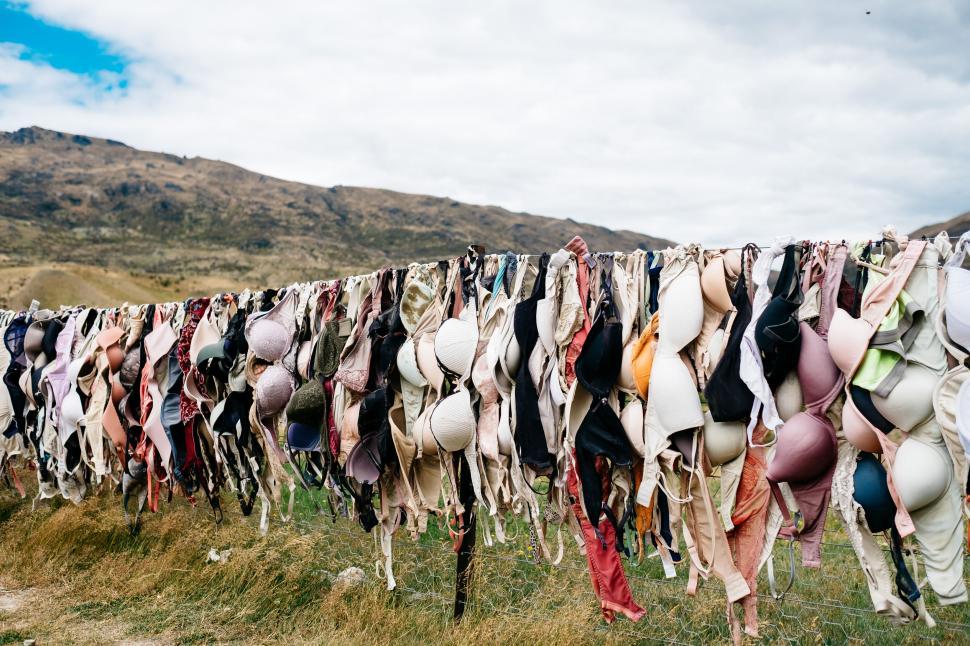 Free Image of Colorful bras hanging on fence with mountains backdrop. 