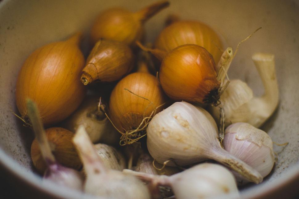 Free Image of Fresh onions and garlic in white bowl close-up view 