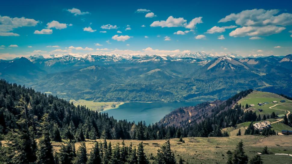 Free Image of Panoramic view of vast landscape with lake and hills 