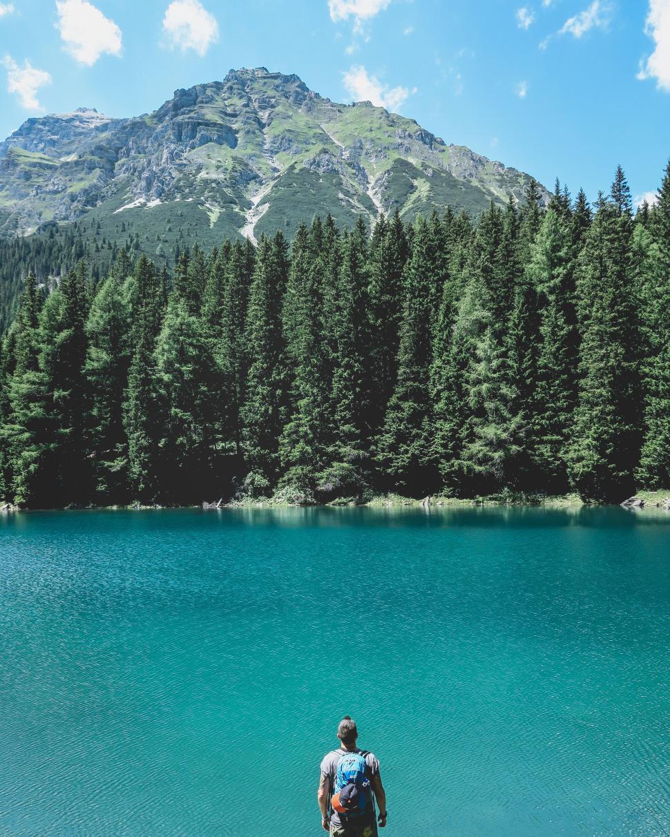 Free Image of Man standing by turquoise lake under mountain view 