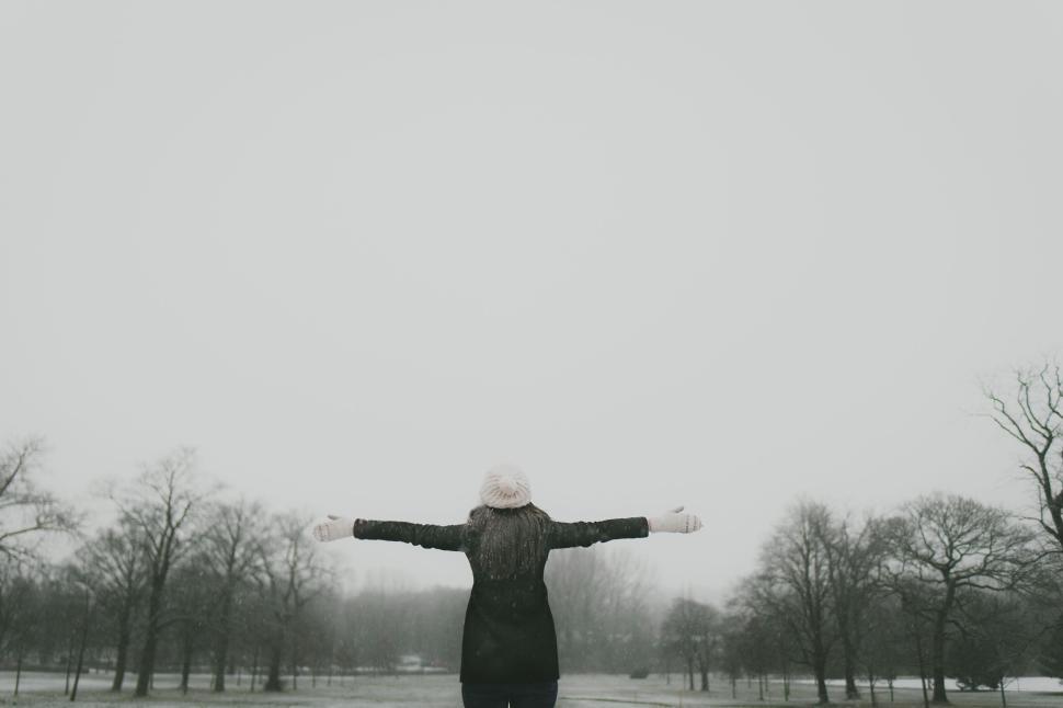 Free Image of Person with outstretched arms in a misty winter park 
