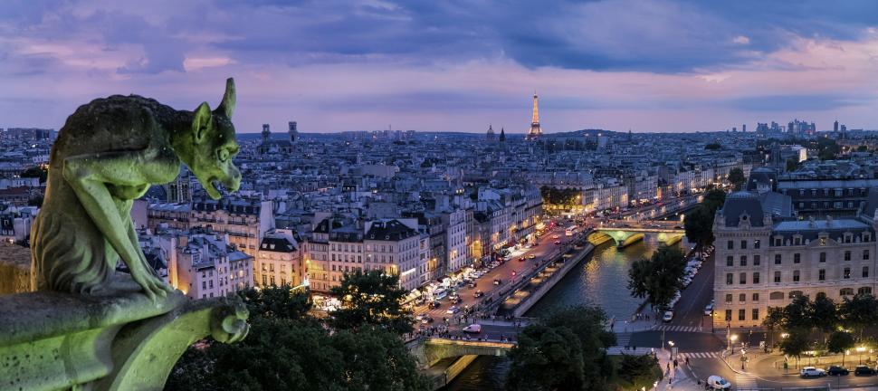 Free Image of Parisian cityscape with Eiffel Tower and gargoyle. 
