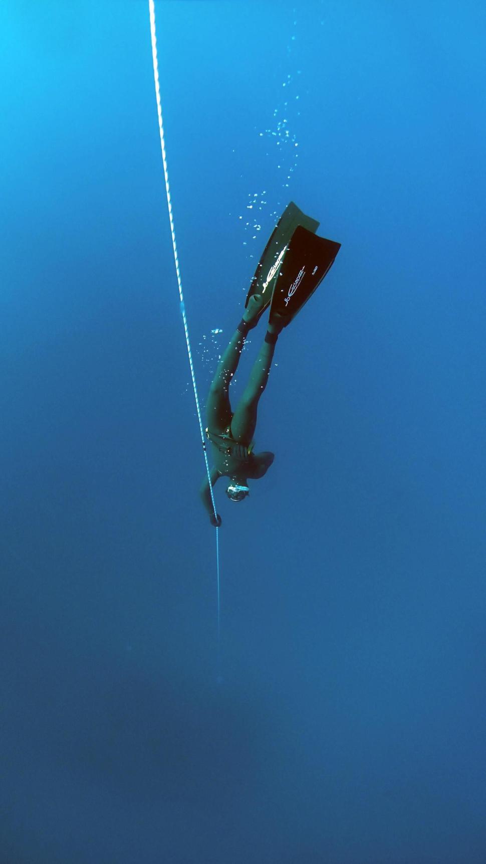 Free Image of Freediver descending near a taut rope in clear blue water 