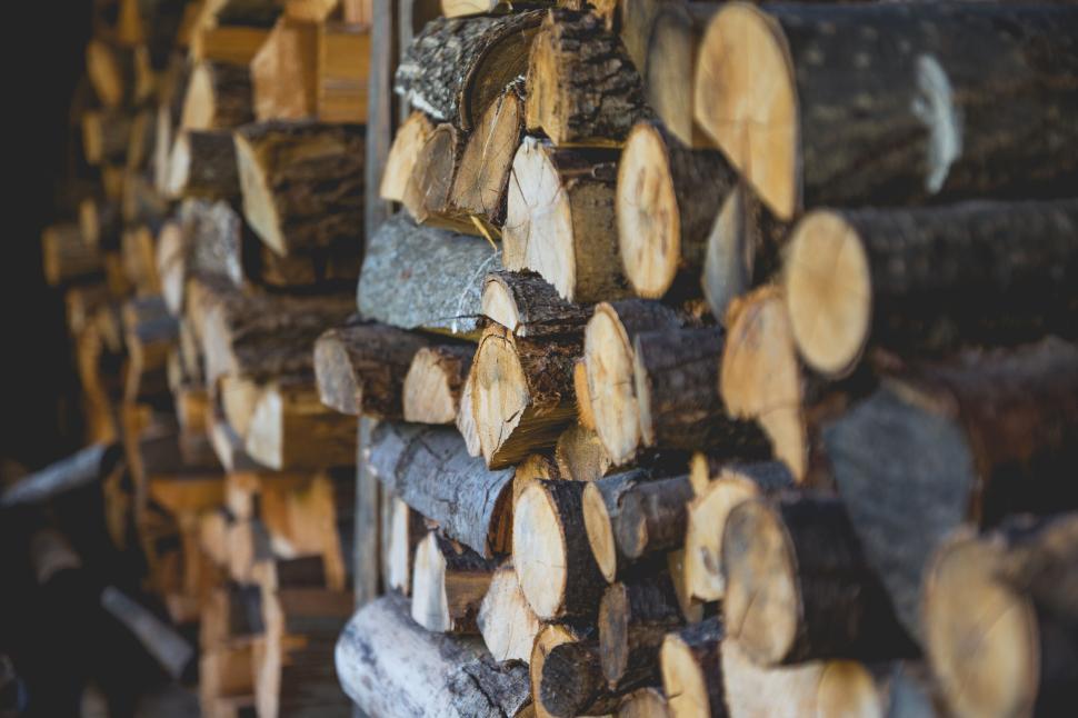 Free Image of Stacked firewood in a rustic setting for winter warmth 