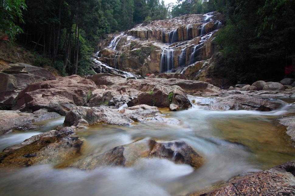 Free Image of Beautiful cascading waterfall in lush green forest 