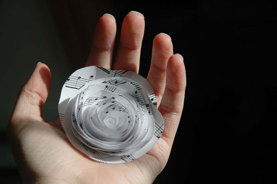 Free Image of Hand holding rolled sheet music flower crafted meticulously 
