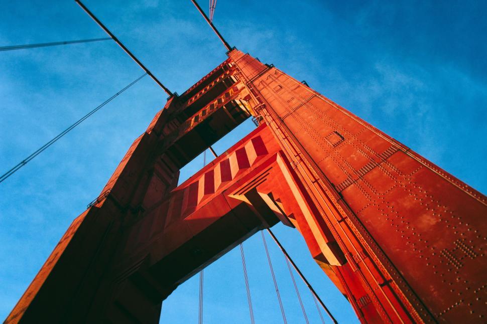 Free Image of Golden Gate Bridge close-up against a clear blue sky. 