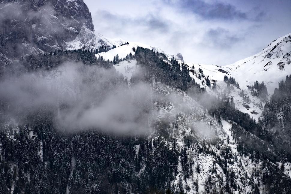 Free Image of Forest-covered snowy mountain with clouds gently grazing. 