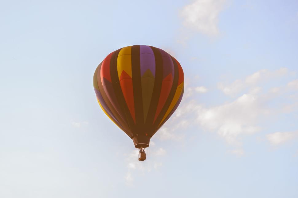 Free Image of Colorful hot air balloon floating in clear blue sky. 