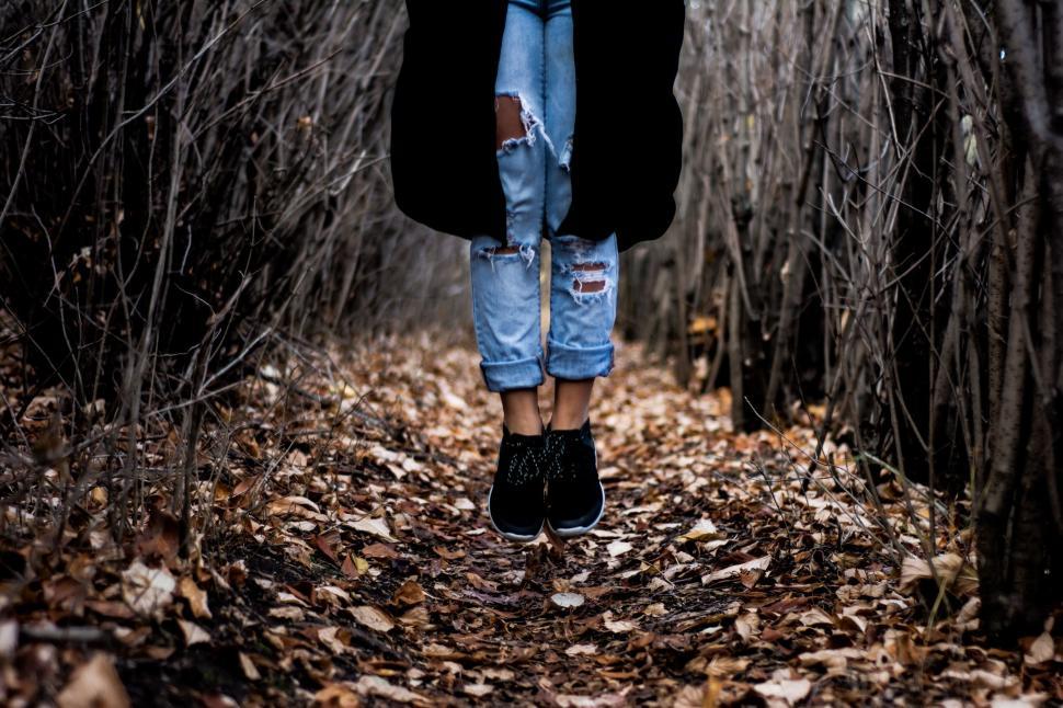 Free Image of Person Standing On Leaf-Covered Pathway In Forest 