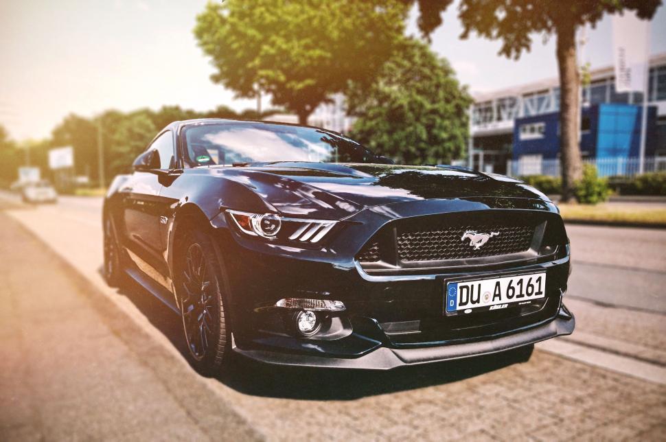 Free Image of Black sports car Mustang on street, daytime scenery. 