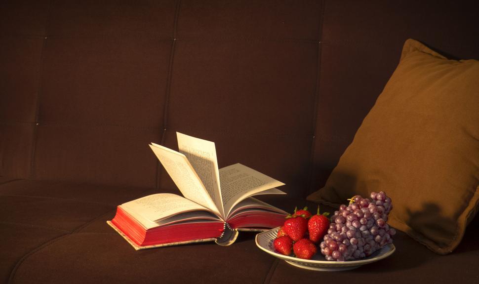 Free Image of Open book with fruits on a couch next to a pillow 