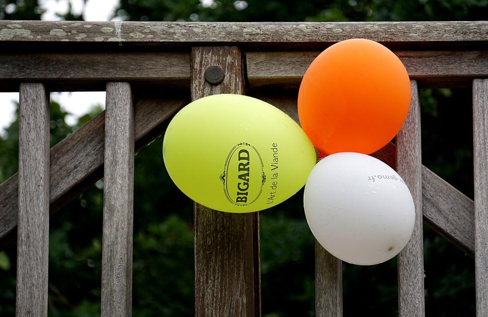 Free Image of Three colorful balloons tied to wooden fence on a deck 