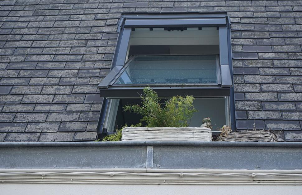 Free Image of Open window on a house roof with plants in pots. 