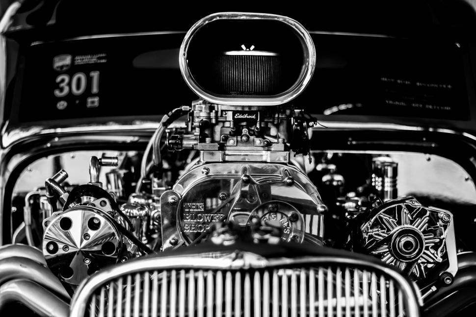 Free Image of Close-up of a powerful car engine in monochrome view 