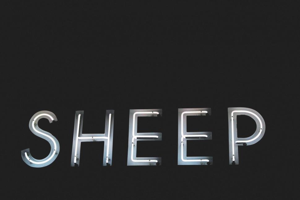 Free Image of Neon sign displaying the word  SHEEP  on dark background 