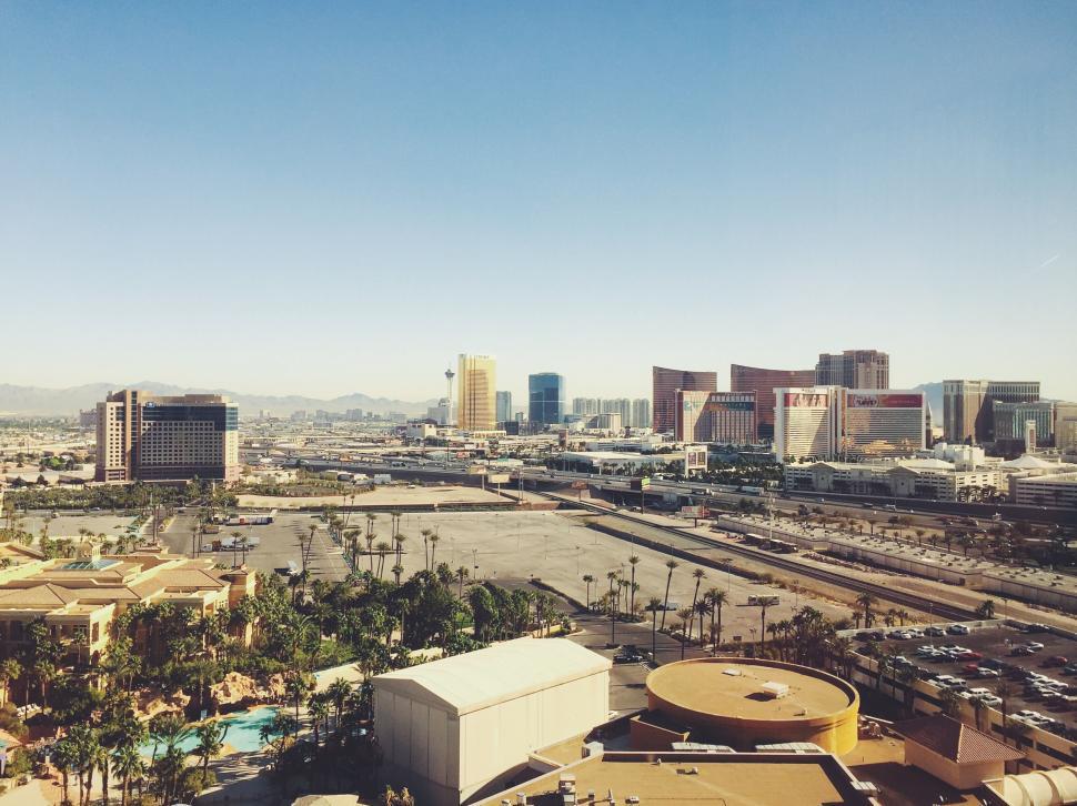 Free Image of Las Vegas skyline with hotels and casinos in daylight. 