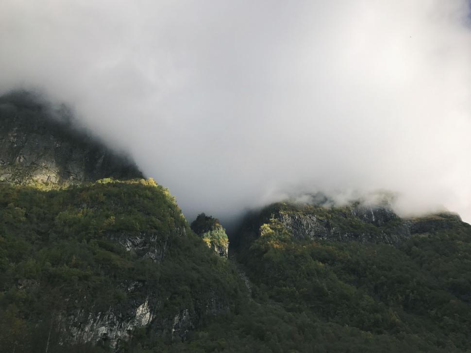 Free Image of Dense mist over a lush, green mountain landscape view 