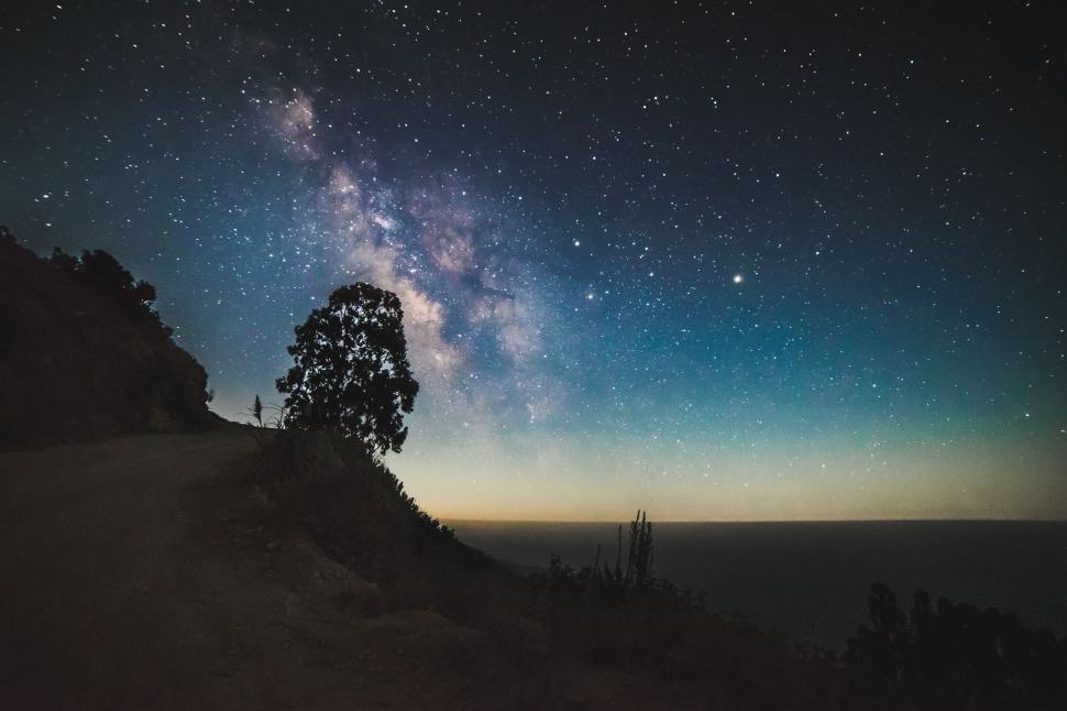 Free Image of Starry sky with Milky Way over a coastal landscape. 