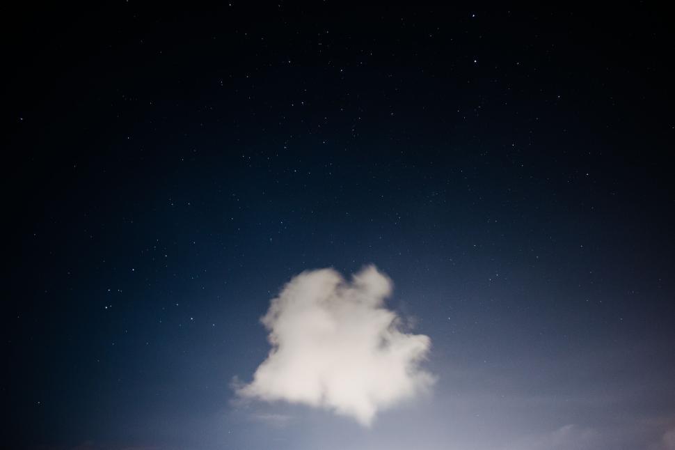 Free Image of Night sky with stars and a single illuminated white cloud. 