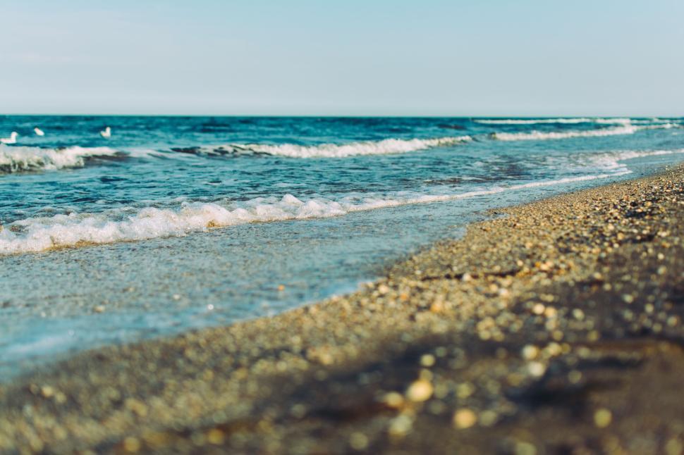 Free Image of Calm ocean waves washing onto a pebble-covered beach shore 