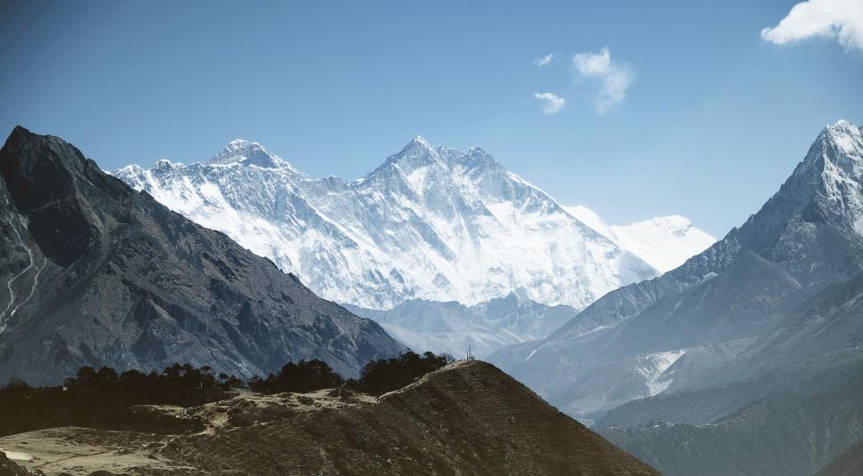 Free Image of Snow-Capped Mountain Range Under Clear Blue Sky 