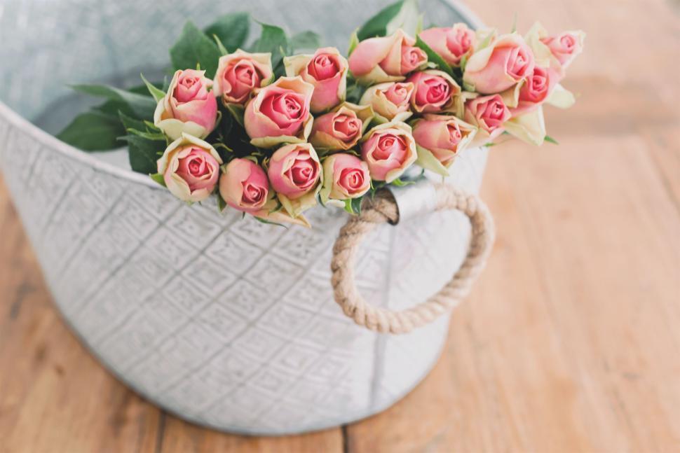 Free Image of Basket filled with pink roses on a wooden surface. 