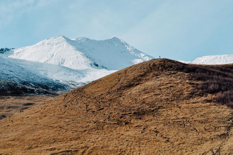 Free Image of Snowy mountains and grassy hill under a clear sky 