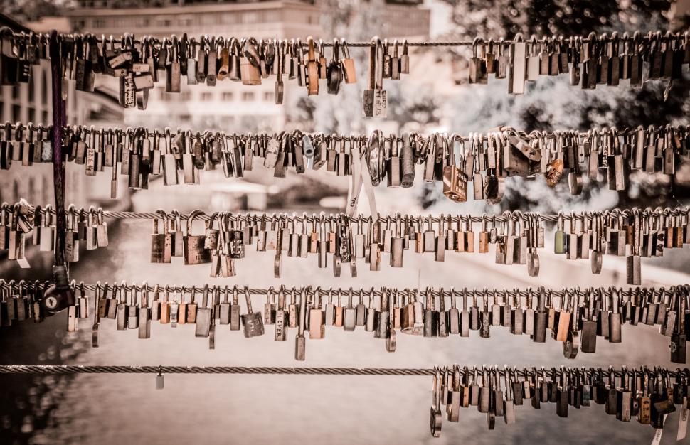 Free Image of Hundreds of locks attached to a wire bridge railing. 