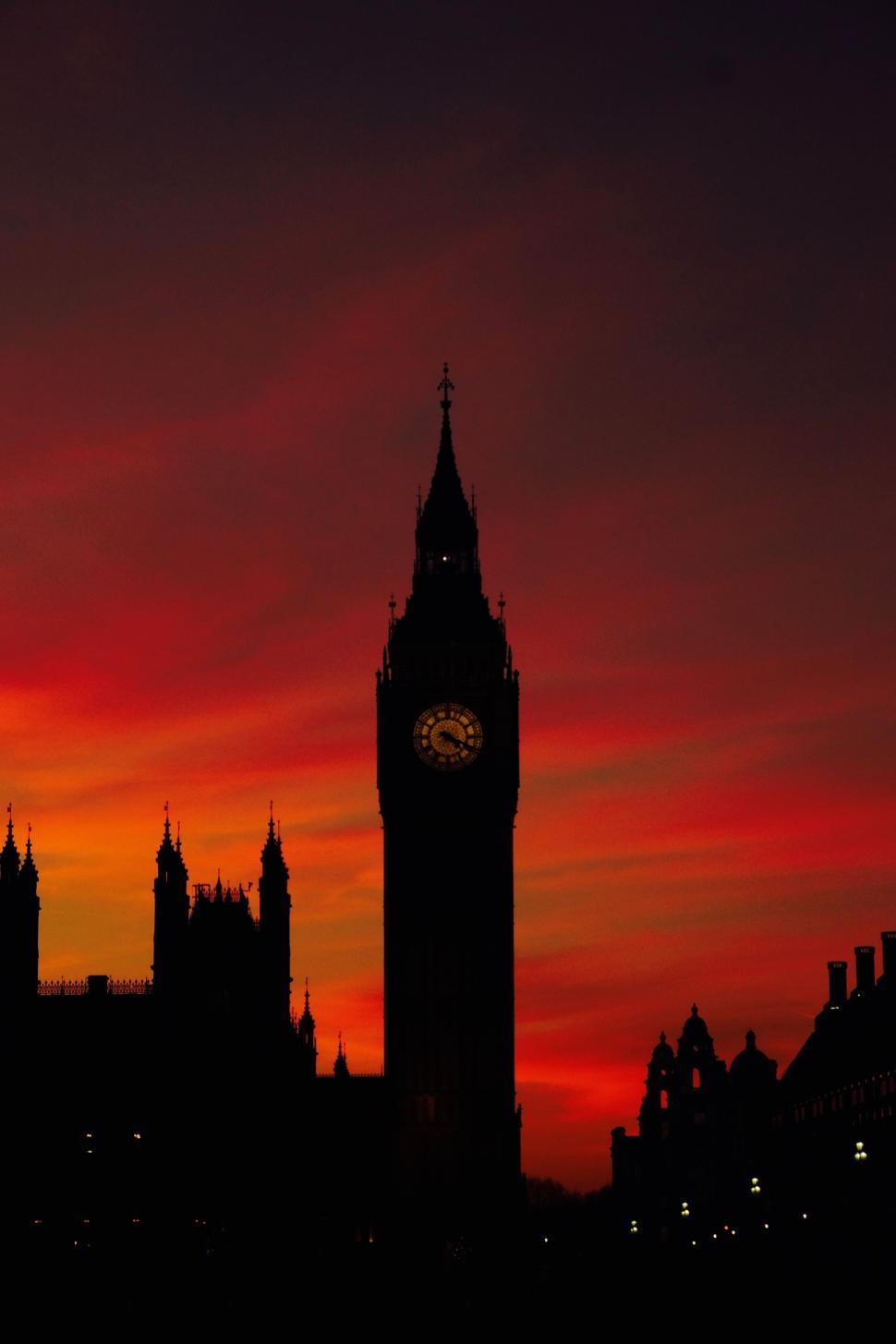 Free Image of Big Ben silhouette at sunset with beautiful colorful sky 