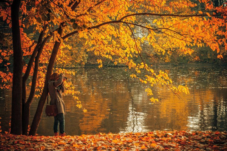 Free Image of Person photographing lake with vibrant autumn foliage 