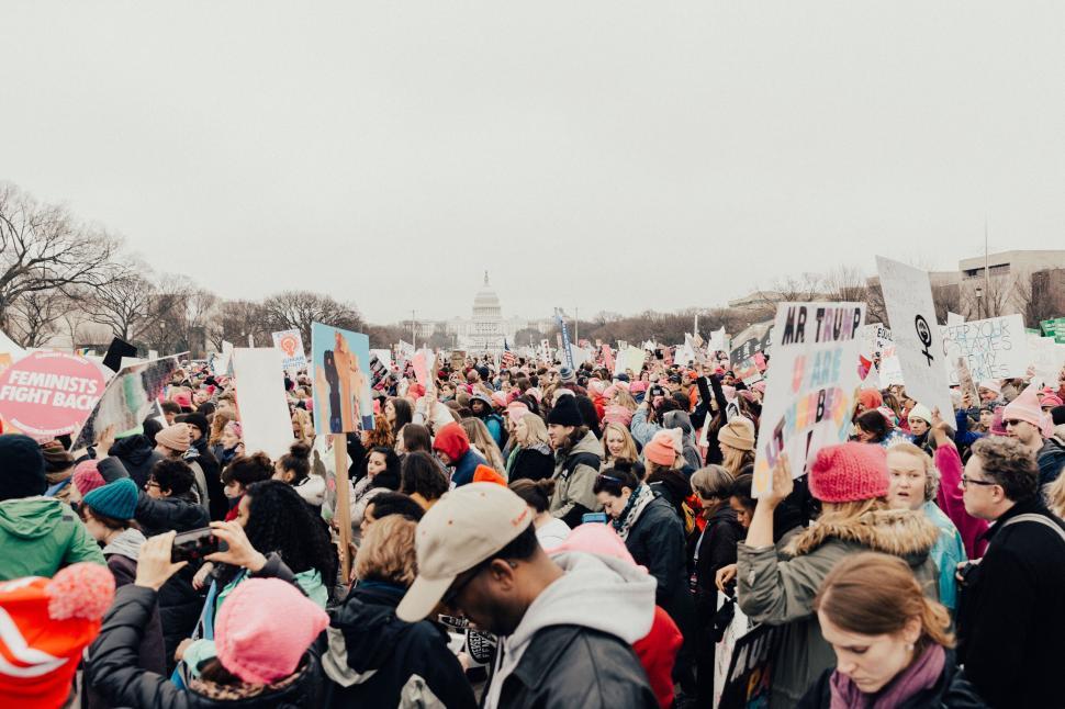 Free Image of Crowd of protestors holding various signs, unity displayed. 