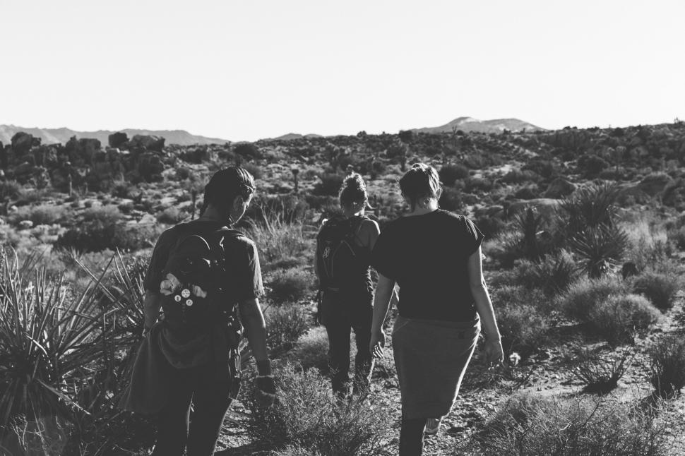 Free Image of Three hikers walking through a dry mountainous desert 