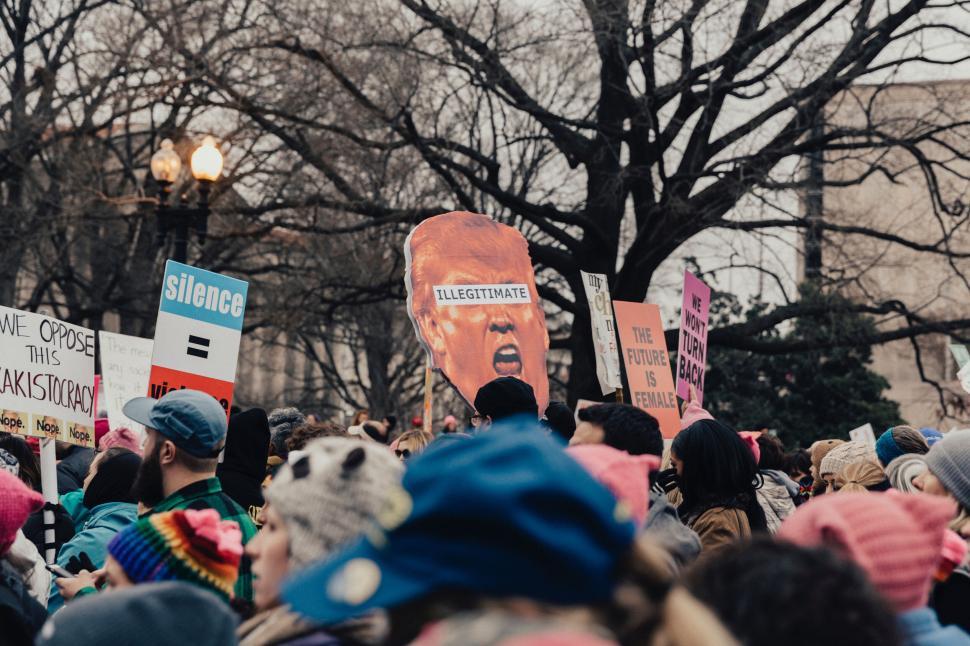 Free Image of Large crowd holding various signs at a public protest 