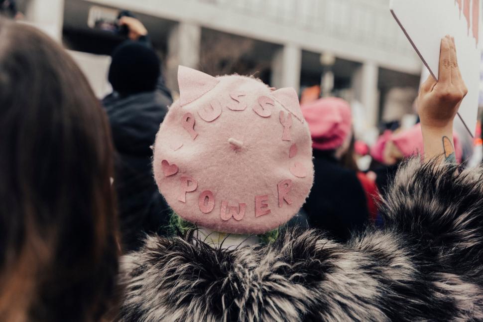Free Image of Person with hat reading  Pussy Power  during protest rally 