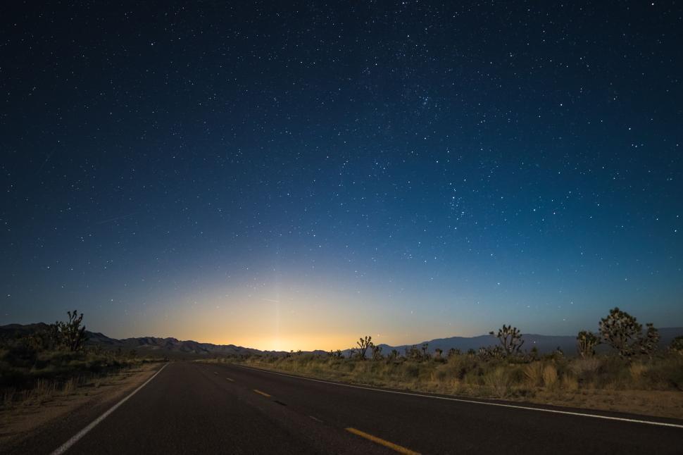 Free Image of Lonely highway stretches into desert under night sky. 