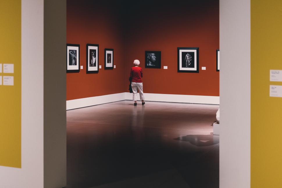 Free Image of Visitor Observing Artwork in Modern Art Gallery Exhibit 