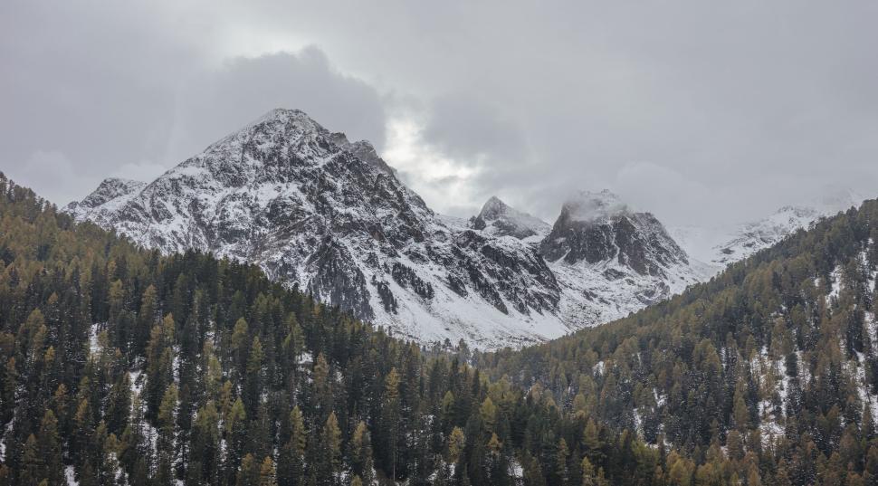 Free Image of Snow-capped mountains with dense forest under cloudy sky. 