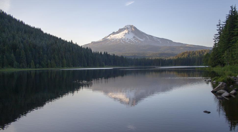 Free Image of Snow-capped mountain reflection on calm still lake 