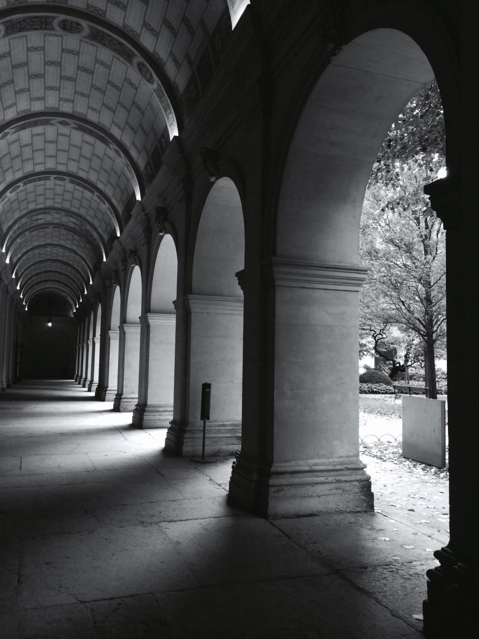 Free Image of Architectural archways in black and white with shadows. 
