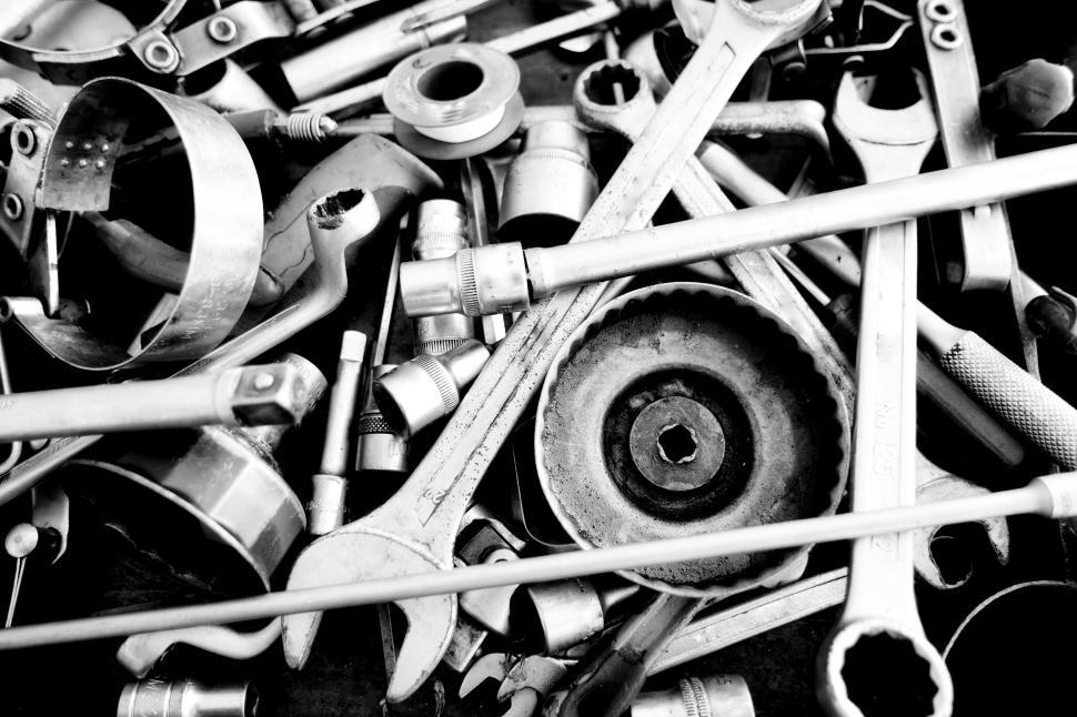Free Image of Assortment of tools in black and white style image 