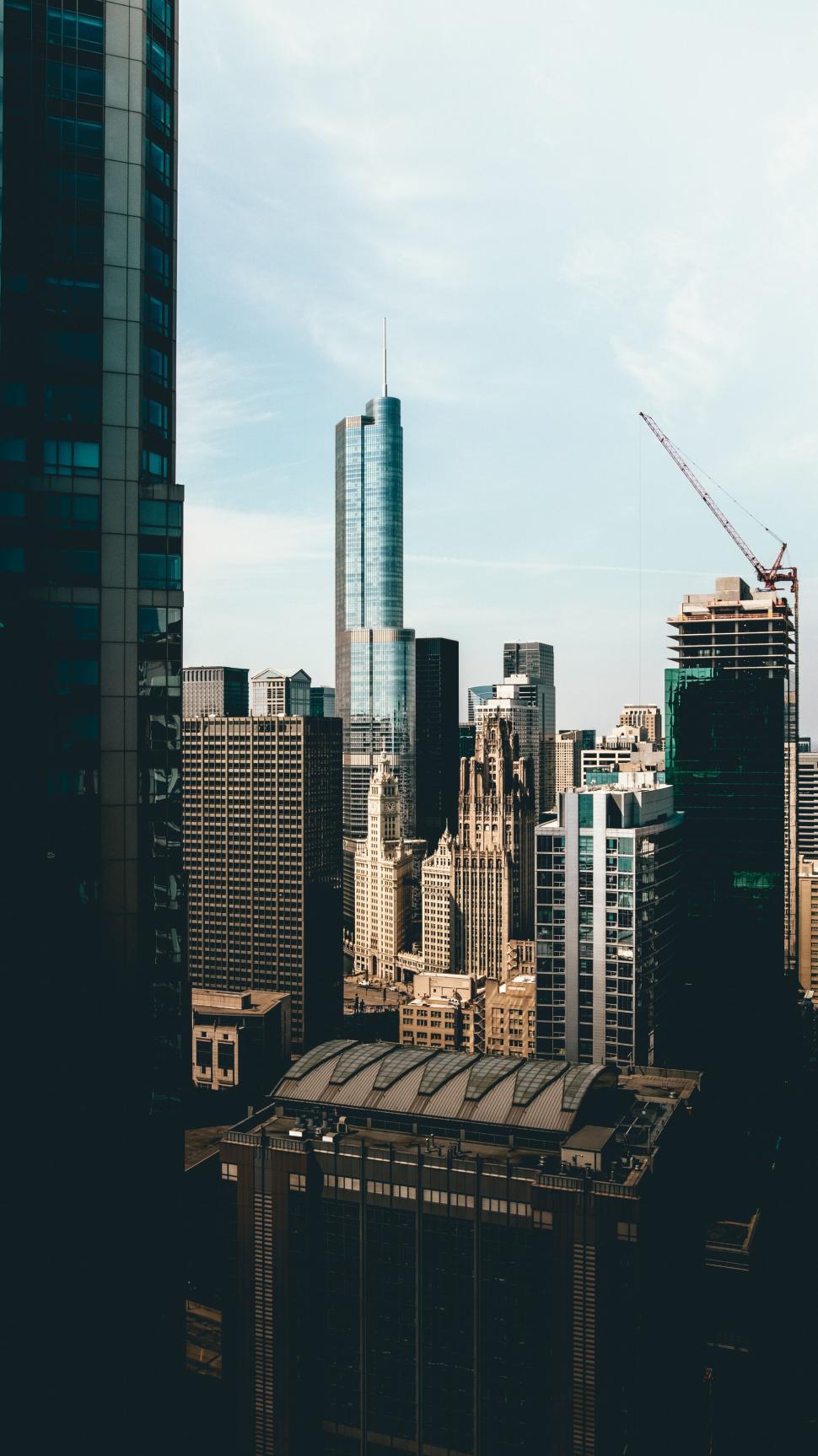 Free Image of High-rise buildings and a crane against a clear sky 