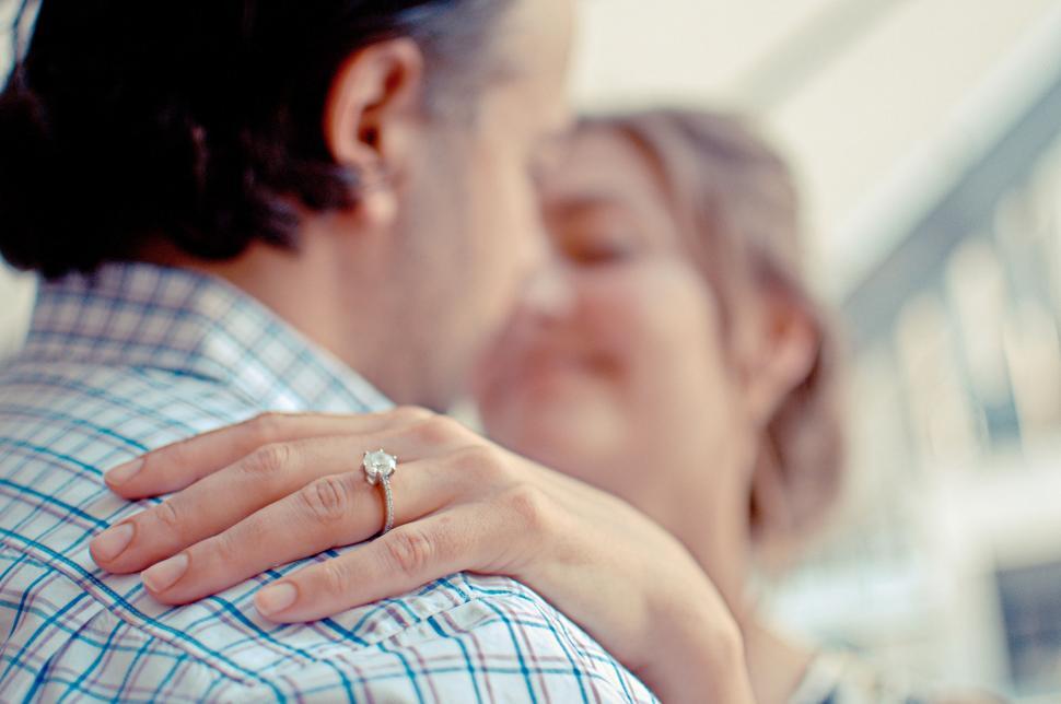 Free Image of Close-up of engagement ring on hand of a couple. 